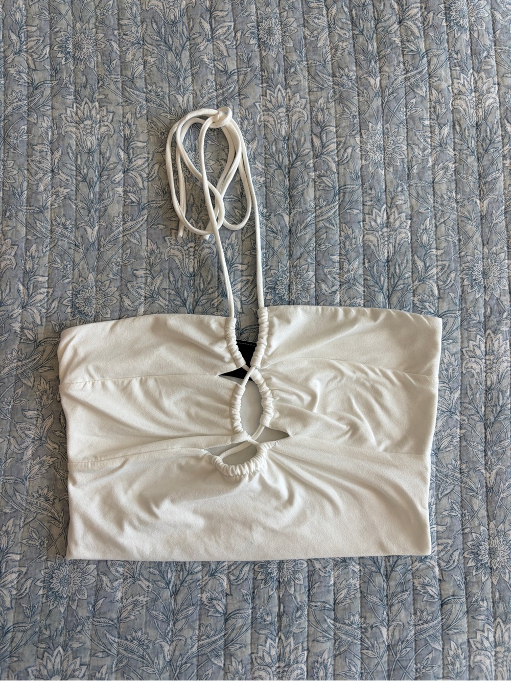 White Halter Ruched Cutout Strapless Crop Top